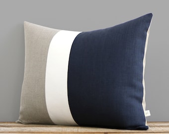 Color Block Pillow (16x20) Navy, Cream and Natural Linen - Coastal Home Decor - Nautical Striped Trio - Beach House - Bedding