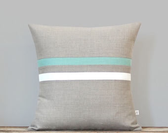 Striped Linen Pillow Cover - Aqua, Cream and Natural (16x16 or 12x20) Spring Home Decor by JillianReneDecor - Spring, Beach House, Lumbar