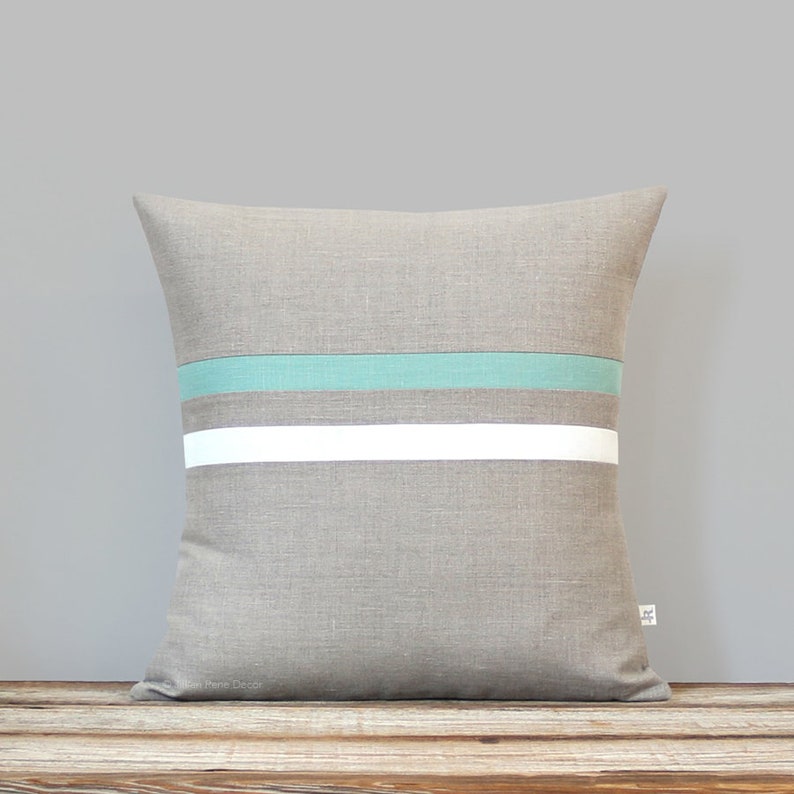 Striped Linen Pillow Cover Aqua, Cream and Natural 16x16 or 12x20 Spring Home Decor by JillianReneDecor Spring, Beach House, Lumbar image 1