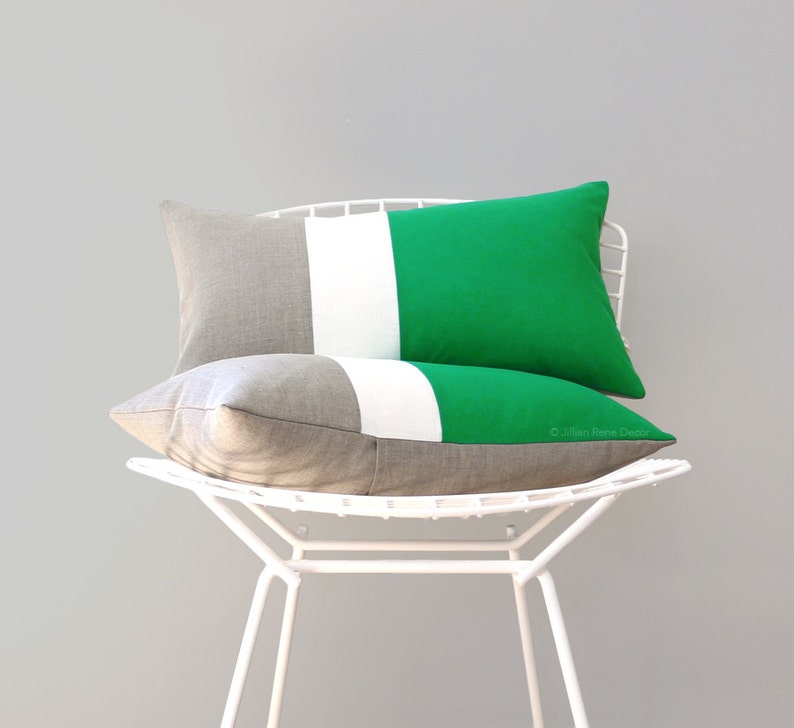 Gift 20x20 Emerald Green Color Block Pillow with Cream and Natural Linen Stripes by JillianReneDecor Modern Home Decor Kelly Green