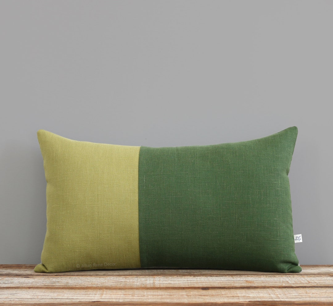 Green Linen Pillow Cover, Two Tone Colorblock Pillow Cover by Jillianrenedecor, Minimal