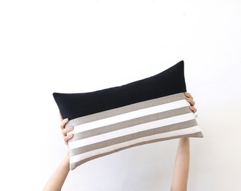 Striped Lumbar Pillow Cover in Black with Cream and Natural Linen Breton Stripes by JillianReneDecor (12x20) Modern Home Decor, Spring