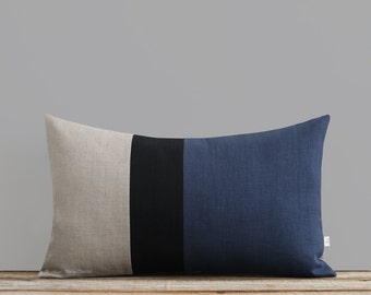 Navy Blue, Black and Natural Linen Colorblock Pillow Cover (12x20) by JillianReneDecor, Modern Home Decor, Stripe Trio, Stripes