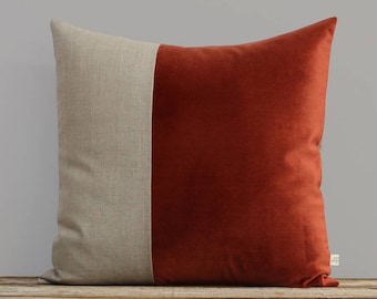 Velvet Colorblock Pillow Cover in Rust and Natural Linen by JillianReneDecor, Modern Home Decor, Two Tone Color Block Pillow