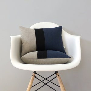 Colorblock Pillow Cover with Navy Blue, Black and Natural Linen Stripes by JillianReneDecor, Modern Home Decor, Stripe Trio, Indigo Blue image 1