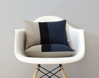 Colorblock Pillow Cover with Navy Blue, Black and Natural Linen Stripes by JillianReneDecor, Modern Home Decor, Stripe Trio, Indigo Blue