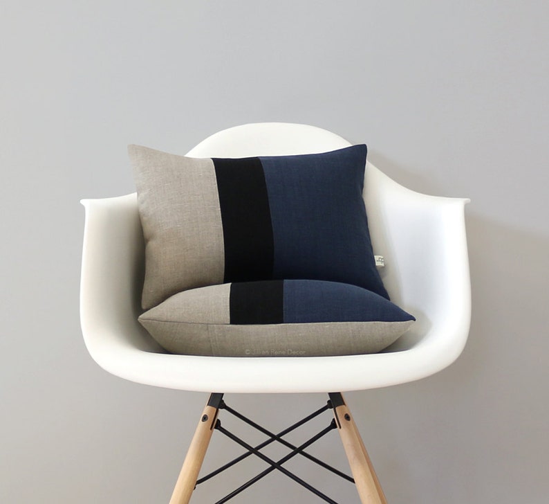 Colorblock Pillow Cover with Navy Blue, Black and Natural Linen Stripes by JillianReneDecor, Modern Home Decor, Stripe Trio, Indigo Blue image 1