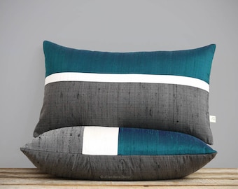 Deep Teal Silk Horizon Line Pillow Cover with Cream and Charcoal Gray Stripes by JillianReneDecor, Luxury Gift for Her, Lagoon Lumbar Pillow