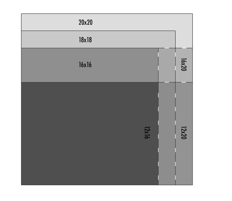 May include: A diagram showing different sizes of squares. The largest square is 20 inches by 20 inches, the next largest is 18 inches by 18 inches, the next is 16 inches by 16 inches, and the smallest is 12 inches by 16 inches. There is a smaller rectangle that is 12 inches by 20 inches.
