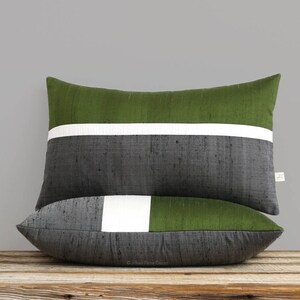 Silk Colorblock Pillow Olive, Cream Charcoal Gray 12x20 by JillianReneDecor Fall Decor Olive Green image 3