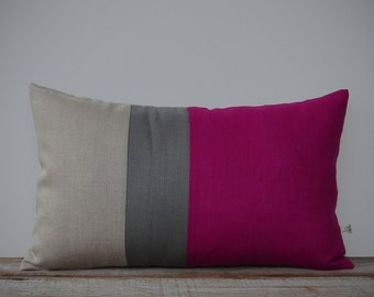 Colorblock Pillow Cover in Sangria, Stone Grey & Natural Linen Stripes (12x20) by JillianReneDecor - Modern Home Decor - Fall FW2015