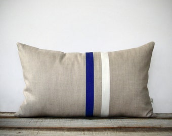 Cobalt and Cream Striped Lumbar Pillow (12x20) Modern Home Decor by JillianReneDecor | Indigo Blue | Patriotic