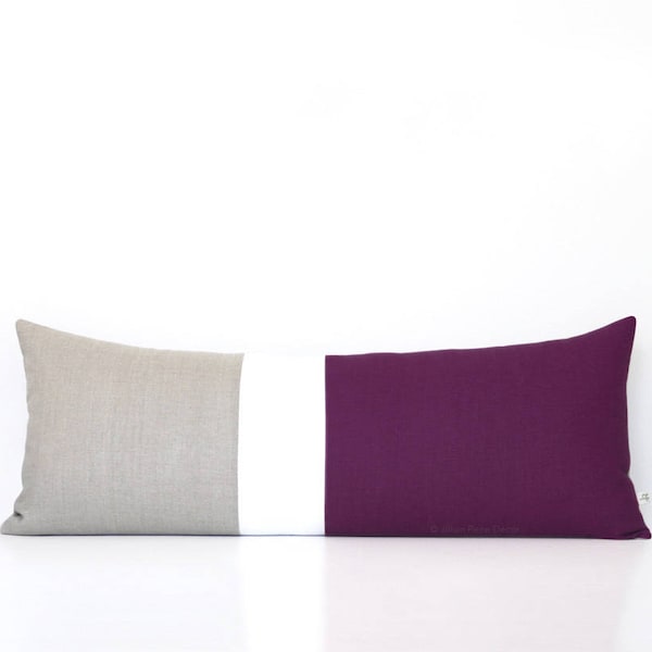 14x35 Plum Colorblock Pillow Cover, Lumbar Pillow, Bedding, Decorative Pillows by JillianReneDecor, Purple Bolster, Extra Long Color Block