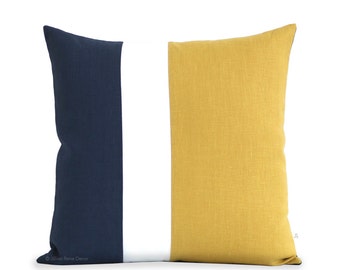 Decorative Pillows: Yellow and Navy Blue Clockblock Pillow Cover with Cream Stripe by JillianReneDecor (20x20) - Squash, Color Block