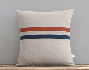 Rust and Navy Striped Linen Pillow Cover (16x16) by JillianReneDecor, Modern Home Decor, Copper