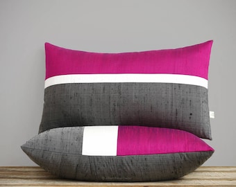 Fuchsia Silk Horizon Line Pillow Cover with Cream and Charcoal Gray Stripes by JillianReneDecor, Luxury Gift for Her, Hot Pink Magenta 12x20