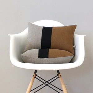 Caramel Colorblock Cushion Cover with Black Stripe Set of 2 by JillianReneDecor, Modern Home Decor, Decorative Pillows, Natural Linen image 1