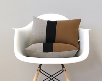 Caramel Colorblock Cushion Cover with Black Stripe (Set of 2) by JillianReneDecor, Modern Home Decor, Decorative Pillows, Natural Linen