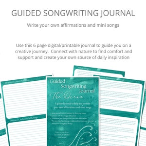 Könnte beinhalten: Ein bedruckbares Journal in Tealblau und Weiß mit dem Titel "Guided Songwriting Journal: The Ocean". Das Journal soll dir helfen, Affirmationen und Mini-Songs zu schreiben.
