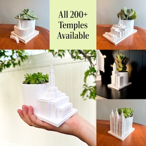 May include: White architectural models of temples, each with a succulent plant in a white pot. The models are on a wooden surface. The text "All 200+ Temples Available" is displayed in the image.