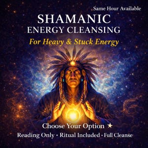 May include: An illustration with the text "SHAMANIC ENERGY CLEANSING" and "For Heavy & Stuck Energy". The image features a person with a feathered headdress, hands raised, and a glowing orb. The text "Choose Your Option" and service options are also included.
