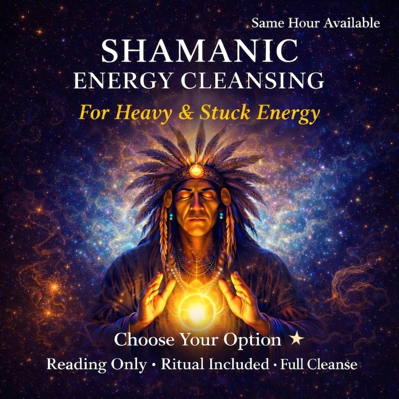 May include: An illustration with the text "SHAMANIC ENERGY CLEANSING" and "For Heavy & Stuck Energy". The image features a person with a feathered headdress, hands raised, and a glowing orb. The text "Choose Your Option" and service options are also included.