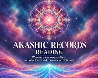 Puede incluir: Un gráfico digital que presenta un mandala complejo y brillante sobre el texto "AKASHIC RECORDS READING" y la pregunta "Who were you in a past life—and what karma did you carry into this one?" sobre un fondo de nebulosa vibrante.