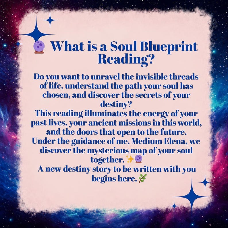 Puede incluir: Un gr&aacute;fico rectangular con un centro rosa claro y un borde de nebulosa azul oscuro, morado y rosa. Contiene texto azul oscuro titulado What is a Soul Blueprint Reading? con iconos de estrellas, bola de cristal y una hoja.