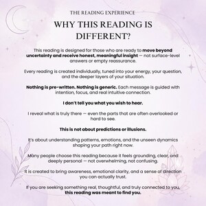Op de afbeelding: Een lichtpaarse informatieve afbeelding met illustraties van een maansikkel en kristallen. De tekst luidt: THE READING EXPERIENCE, WHY THIS READING IS DIFFERENT? This reading is designed for those who are ready to move beyond uncertainty.