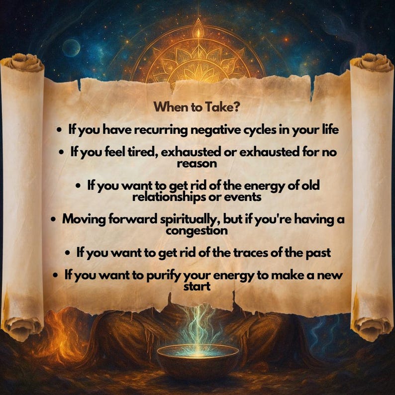May include: An artistic image with a scroll design, featuring text about spiritual well-being. The text, in a serif font, is set against a parchment-like background. A glowing bowl is at the bottom, with a cosmic background.