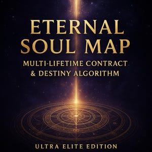 以下が含まれることがあります： 金色の文字で「ETERNAL SOUL MAP」と書かれたデジタルグラフィック。下には「MULTI-LIFETIME CONTRACT & DESTINY ALGORITHM」と書かれています。画像は、光る光線と、下部に「ULTRA ELITE EDITION」というテキストが入った円形デザインが特徴です。