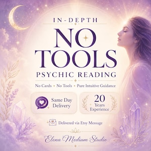 Op de afbeelding: Een digitale afbeelding voor een psychische leesservice zonder hulpmiddelen. Het paarse en gouden ontwerp bevat een maansikkel, kristallen en het profiel van een persoon. De tekst bevat: In-Depth No Tools Psychic Reading, Same Day Delivery, 20 Years Experience, Delivered via Etsy Message en Elena Medium Studio.