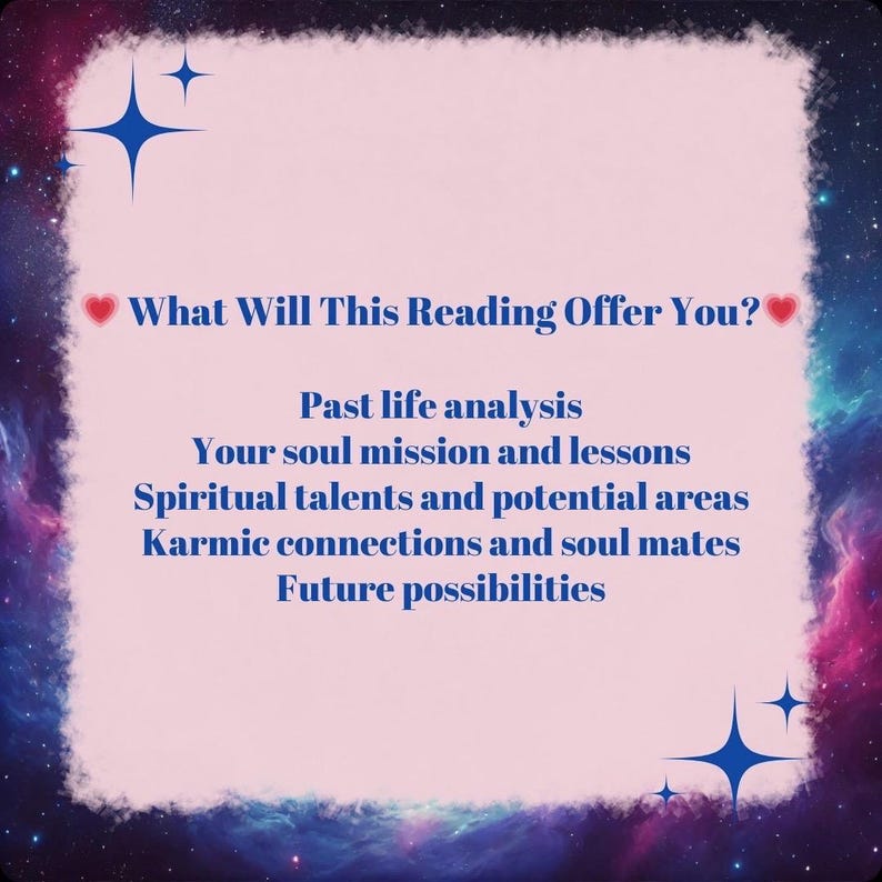 Puede incluir: Un letrero rectangular con un centro rosa claro y un borde de galaxia azul oscuro. El texto dice: What Will This Reading Offer You? Past life analysis, Your soul mission and lessons, Spiritual talents and potential areas, Karmic connections and soul mates, Future possibilities.