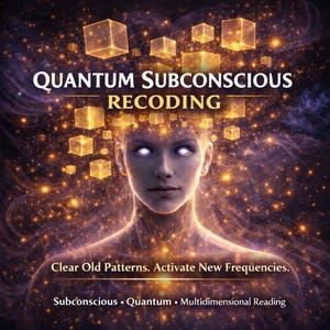 Op de afbeelding: Digitale kunst met een vrouw met gloeiende ogen en een krans van gouden kubussen. De tekst luidt "QUANTUM SUBCONSCIOUS RECODING" en "Clear Old Patterns. Activate New Frequencies." Extra tekst omvat "Subconscious • Quantum • Multidimensional Reading."