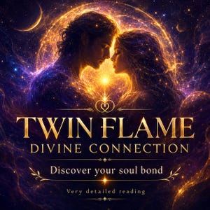 May include: A digital illustration featuring two figures facing each other amidst swirling golden light and cosmic purple nebula clouds. The text reads TWIN FLAME DIVINE CONNECTION, Discover your soul bond, and Very detailed reading in gold font.