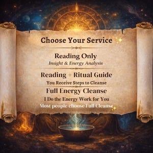 May include: An image with a celestial theme, featuring a parchment scroll with the text "Choose Your Service." The options listed are "Reading Only," "Reading + Ritual Guide," and "Full Energy Cleanse." A glowing bowl is at the bottom.