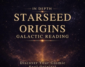 Puede incluir: Un gráfico con temática espacial en morado oscuro y negro que presenta el texto IN DEPTH STARSEED ORIGINS GALACTIC READING y Discover Your Cosmic Soul Origins! en letras doradas sobre un fondo de estrellas distantes y una nebulosa.