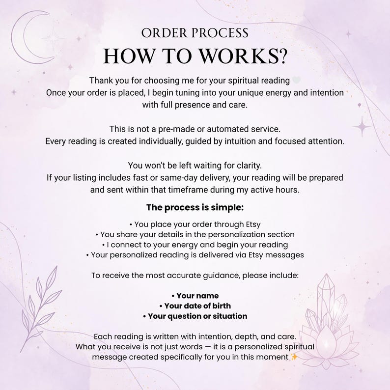 Op de afbeelding: Een lichtpaarse informatieve afbeelding met de titel ORDER PROCESS HOW TO WORKS? die de stappen voor een spirituele leesservice beschrijft. Het proces van bestellen, persoonlijke gegevens delen en een bericht ontvangen via Etsy wordt uitgelegd.