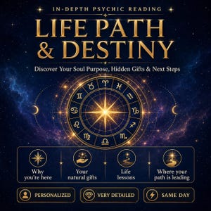 May include: A digital graphic featuring the text IN-DEPTH PSYCHIC READING, LIFE PATH & DESTINY, and Discover Your Soul Purpose, Hidden Gifts & Next Steps. It displays a golden zodiac wheel against a dark blue starry nebula background with icons.