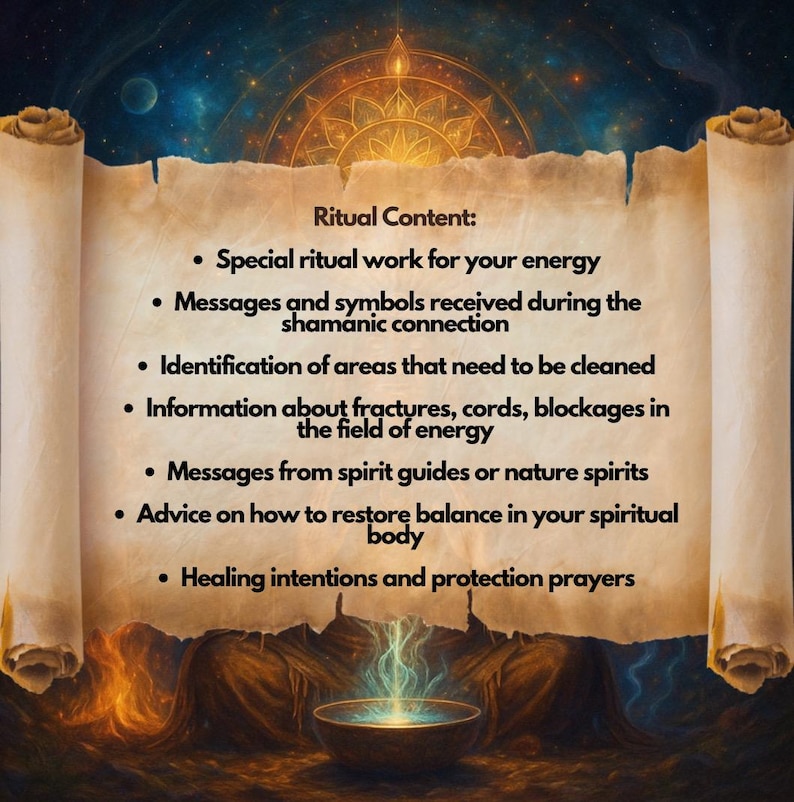 May include: An artistic image featuring a scroll with the text "Ritual Content:" and bullet points detailing spiritual services. The background has a celestial theme with a glowing bowl at the bottom. The scroll is a parchment color.