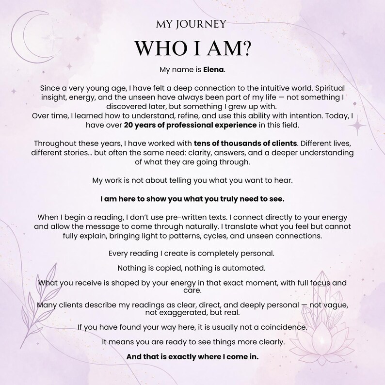 Op de afbeelding: Een lichtpaarse informatieve afbeelding getiteld MY JOURNEY WHO I AM? met tekst over Elena, een beoefenaar met 20 jaar ervaring. Het ontwerp bevat een maansikkel, ster en lotusbloem in een zachte aquarel-stijl.