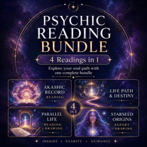 May include: A digital graphic titled PSYCHIC READING BUNDLE 4 Readings in 1. It features four sections: Akashic Record Reading, Life Path & Destiny, Parallel Life Reading + Drawing, and Starseed Origins Report + Drawing, set against a cosmic background.