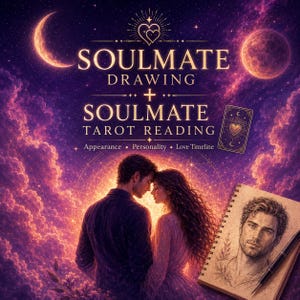 Op de afbeelding: Een digitale illustratie met de tekst SOULMATE DRAWING + SOULMATE TAROT READING, Appearance, Personality, Love Timeline. Het toont een koppel dat tegenover elkaar staat tegen een paarse en oranje nevelhemel met een maansikkel, volle maan, een tarotkaart en een schets van een man in een spiraalblok.
