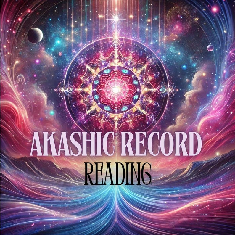 May include: Digital art featuring a vibrant, cosmic scene with swirling colors of pink, purple, and blue. A central mandala-like design radiates light, with the words "AKASHIC RECORD READING" displayed prominently.
