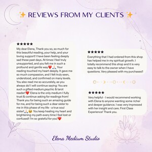 Op de afbeelding: Een digitale afbeelding met de titel REVIEWS FROM MY CLIENTS met drie vijfsterren-klantbeoordelingen voor Elena Medium Studio. De tekst bevat persoonlijke feedback over spirituele lezingen, begeleiding en ondersteuning op een lichtpaarse achtergrond.