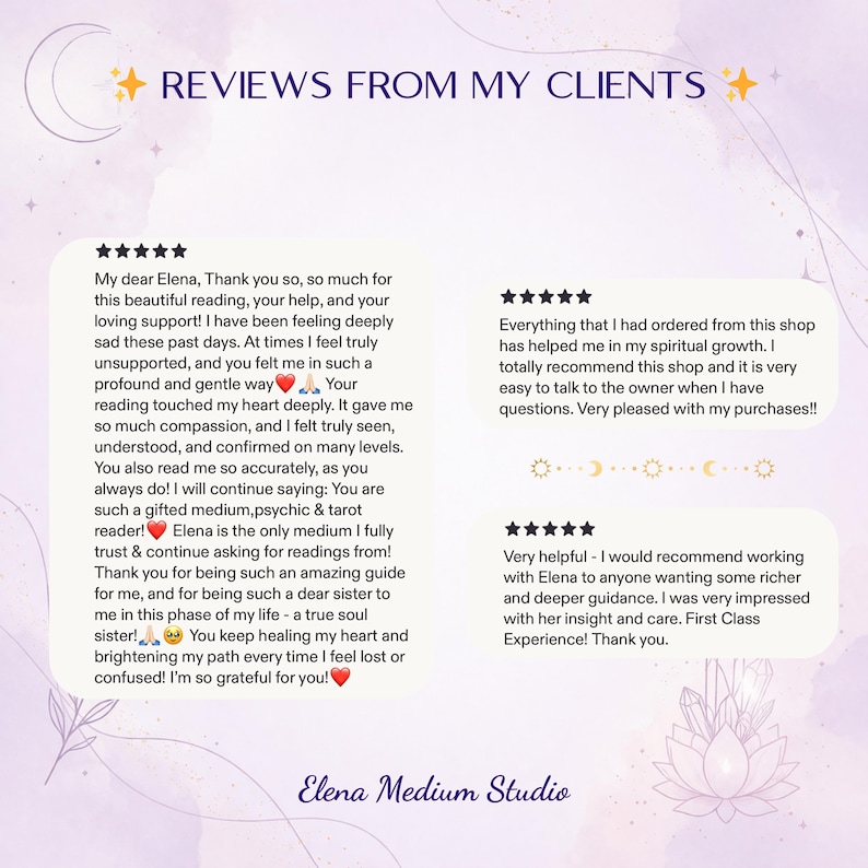Op de afbeelding: Een digitale afbeelding met de titel REVIEWS FROM MY CLIENTS met drie vijfsterren-klantbeoordelingen voor Elena Medium Studio. De tekst bevat persoonlijke feedback over spirituele lezingen, begeleiding en ondersteuning op een lichtpaarse achtergrond.