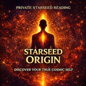 Puede incluir: Imagen digital artística con temática cósmica. Presenta la silueta de una persona con una luz brillante en el centro. El texto dice "PRIVATE STARSEED READING" y "STARSEED ORIGIN", con el lema "DISCOVER YOUR TRUE COSMIC SELF".