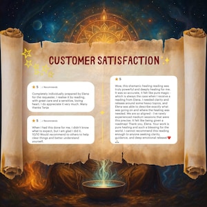 May include: An artistic parchment-style graphic with the words "CUSTOMER SATISFACTION" in a decorative font. The image features customer testimonials with five-star ratings, and a glowing orb at the bottom.