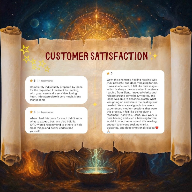 May include: An artistic parchment-style graphic with the words "CUSTOMER SATISFACTION" in a decorative font. The image features customer testimonials with five-star ratings, and a glowing orb at the bottom.