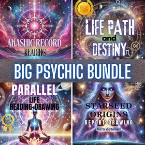 Puede incluir: Un gráfico de arte digital con cuatro paneles sobre un fondo cósmico, que anuncia lecturas psíquicas. Los paneles muestran texto como "Lectura del registro Akáshico", "Camino de vida y destino", "Lectura + dibujo de vida paralela" y "Informe + dibujo de orígenes de la semilla estelar". El texto central dice "Big Psychic Bundle".